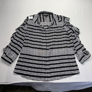 Investments Women's 3/4 Ruffle Sleeve Collared Woven Polyester Striped Blouse L